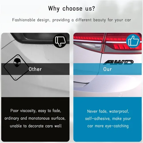 Vista 5 de Dickno Pegatina de emblema AWD, calcomanía de letra 3D de metal para puerta trasera y lateral, emblema adhesivo para parachoques laterales de auto