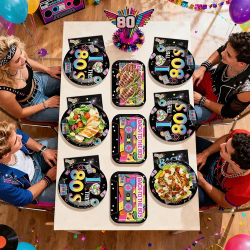 Vista 8 de 96 piezas de decoraciones de fiesta de los años 80, platos temáticos y servilletas de los 80, juegos de vajilla retro coloridas de hip hop