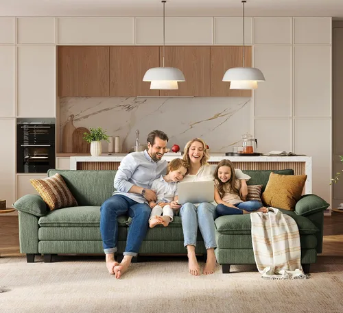 Vista 7 de LINSY HOME Sofá Seccional Modular de 123'' Sofá Verde de Pana Nube para Sala de Estar, Sofá en Forma de L con Otomana Móvil, Sofás Seccionales