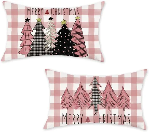 Vista 16 de ONWAY Juego de 2 fundas de almohada de Navidad de 16 x 16 pulgadas, fundas de almohada de Navidad de búfalo rojo a cuadros, color negro y verde Beige