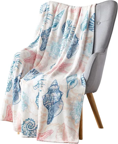 Vista 6 de Manta Decorativa para Decoración del Hogar Vida Oceánica Costera: Suave Felpa de Terciopelo Polar Tonos Calmantes de Azules, Verdes, Beige sobre