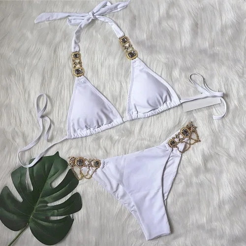 Vista 4 de Women's Low Waist Bikini Swimsuit Halter Lace Up Tie Side Two Piece Bathing Suit with Artificial Crystal Diamond AG-84