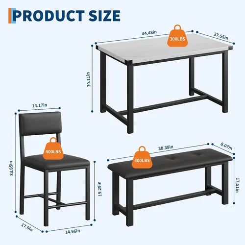 Vista 6 de Juego de mesa de comedor de madera Garvee para 4, mesa de cocina y 2 sillas tapizadas con banco, juego de comedor rectangular, para espacios Mármol