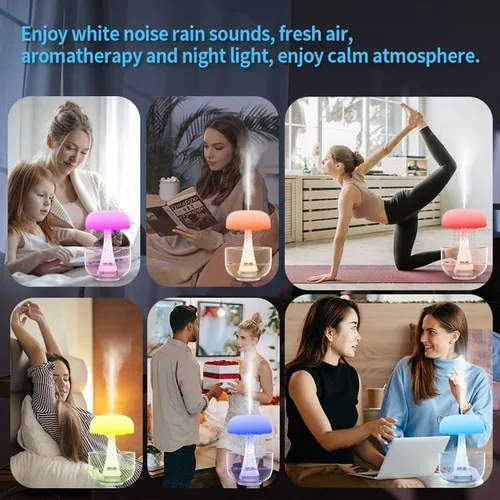 Vista 2 de Humidificador de lluvia nube de goteo, difusor de nube de lluvia, luz nocturna de lluvia y goteo, humidificador de hongos con goteo de agua, lámpara