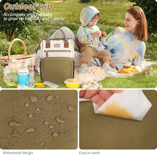 Vista 7 de Mochila para pañales: bolsa de bebé para niño y niña, bolsa grande para mamá, bolsillos aislados, agujeros para cargador para hombres y mujeres