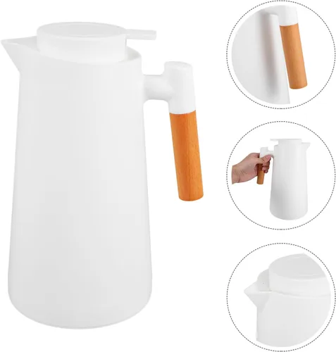 Vista 6 de Yardwe Jarra térmica de doble pared aislada al vacío con mango de madera, pequeña jarra aislada para bebidas calientes o frías, mantiene caliente