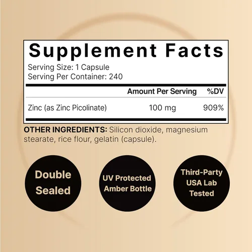 Vista 2 de Picolinato de zinc de alta potencia 100 mg – 240 cápsulas, forma biodisponible de zinc para apoyo inmunológico y salud de la piel – Sin OMG y gluten