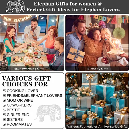 Vista 6 de Regalos de elefante para mujer, 6 cucharas de bambú de madera con soporte para utensilios para decoración del hogar, accesorios temáticos