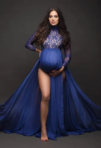 Vista 4 de ZIUMUDY Vestido de maternidad transparente de encaje de manga larga para fotografía con falda de gasa maxi vestido de sesión de fotos