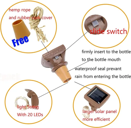 Vista 2 de YJFWAL Paquete de 12 luces solares mejoradas para botellas de vino, 20 luces LED impermeables de cobre, luces de cadena de corcho para decoración
