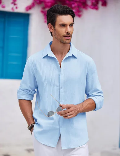 Vista 2 de COOFANDY Camisa cubana de lino guayabera con botones y manga larga para hombre