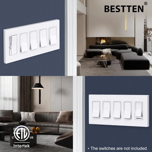 Vista 3 de BESTTEN Placa de pared sin tornillos de 5 segmentos, cubierta de enchufe decorador, placa decorativa para interruptor, serie blanca nieve brillante