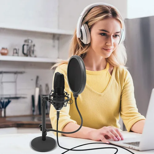 Vista 2 de Kit de grabación de podcasts de micrófono USB, micrófono de condensador cardioide de audio con soporte de escritorio y filtro pop, para juegos, PS4