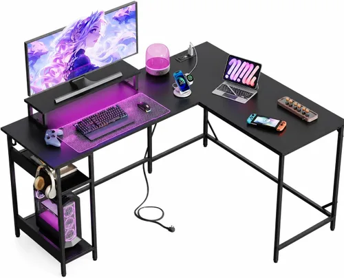 Vista 12 de DEVAISE Escritorio para juegos en forma de L de 47 pulgadas con luces LED y tomas de corriente, escritorio de esquina para espacios pequeños, mesa