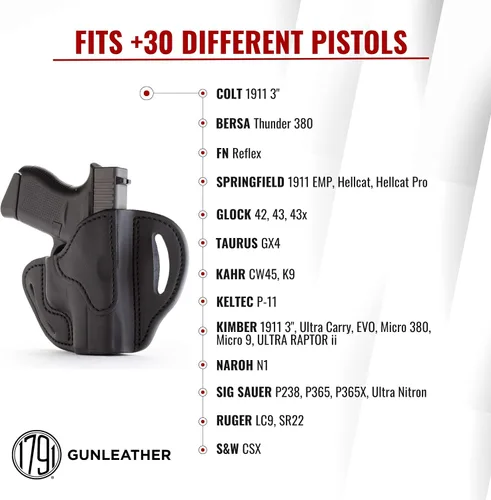 Vista 3 de 1791 Gunleather Glock 43 Funda, funda de piel para cinturón de mano derecha G43. Compatible con Glock 43 y Ruger LC9 & Ruger SR22