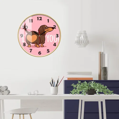 Vista 6 de Reloj de pared rosa de perro salchicha de 12 pulgadas, funciona con pilas, reloj de pared analógico redondo de madera para amantes de los perros