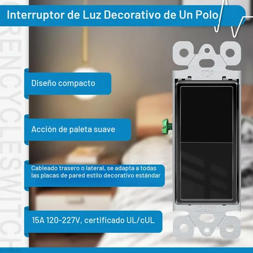Vista 3 de Greencycle Interruptor de luz basculante negro de un solo polo, interruptor de luz de paleta de 15 amperios, interruptores Sp blancos, 120V-277V CA