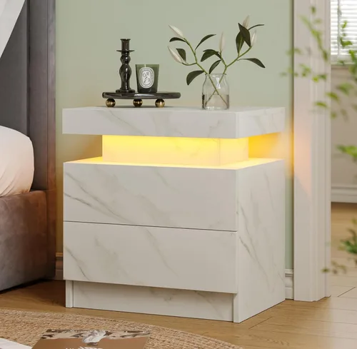 Vista 12 de Mesita de noche LED negra moderna con 2 cajones para mesa auxiliar de dormitorio