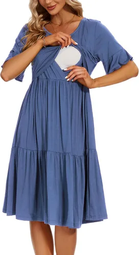 Vista 8 de Smallshow Vestido para maternidad y lactancia con volantes, manga corta, para mujer Verde militar