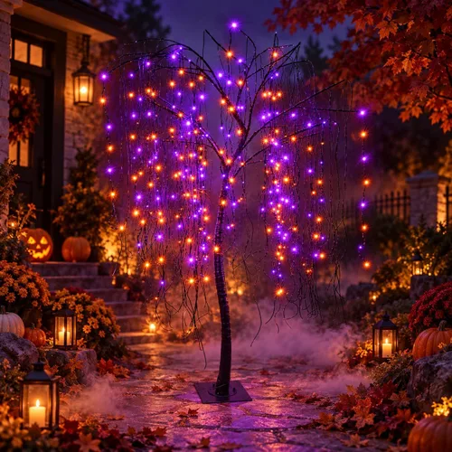 Vista 10 de Árbol de sauce iluminado de Halloween de 7 pies, 256 luces LED naranjas, árbol de sauce artificial llorón con 6 arañas, decoración