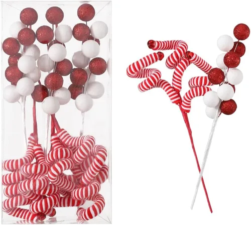 Vista 2 de 6 piezas de adornos para árbol de Navidad, varillas de lana rojas y blancas con lentejuelas y esferas colgantes para árbol de Navidad, adornos
