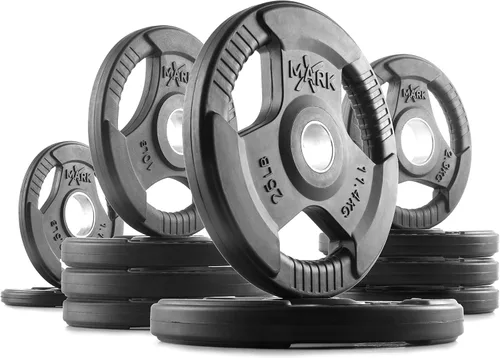 Vista 20 de XMARK TRI-GRIP - Par o juego de discos de peso olímpicos, pesas de ejercicio con revestimiento de goma para barra olímpica, juego de pesas de 01)