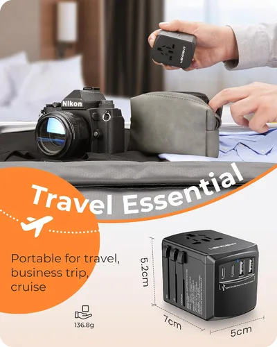Vista 6 de LENCENT Adaptador de corriente de viaje universal, adaptador de enchufe de CA internacional con 2 puertos USB C 2 USB A, cargador de pared para Negro