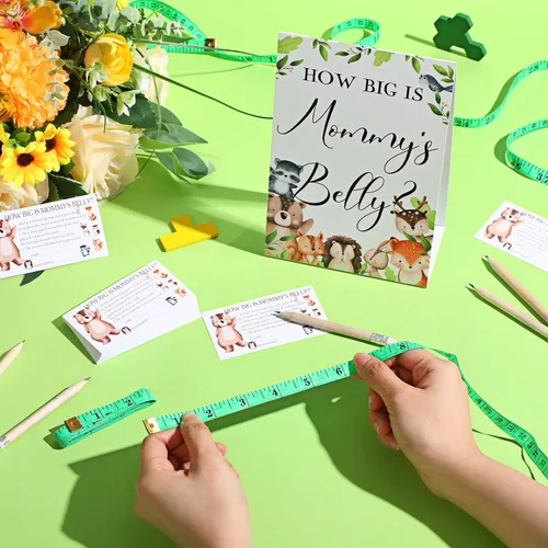 Vista 116 de Sabary 64 Piezas Juegos de Baby Shower Incluyen Letrero How Big is Mommy's Belly Sign Measure Bump Game 50 Tarjetas 10 Lápices 3 Cintas Métricas