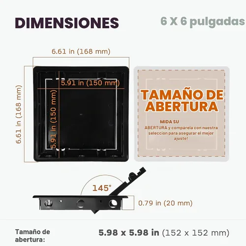 Vista 2 de Panel de acceso de plástico negro de 6" x 6". Panel de puerta de conducto de servicio. Panel de acceso de pared para fontanería, electricidad
