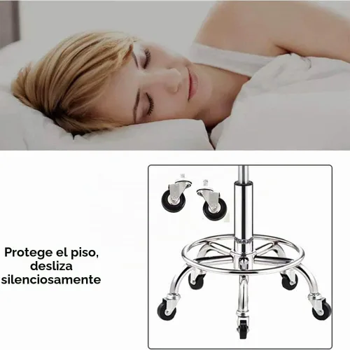 Vista 3 de Taburete de acero inoxidable resistente para banco de trabajo, taburete giratorio ajustable con 5 ruedas, estructura de acero inoxidable 304, cojín