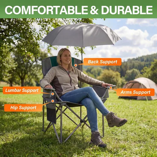 Vista 3 de Paquete de 2 sillas de campamento de gran tamaño con paraguas ajustable, silla de césped acolchada plegable con respaldo y reposabrazos cómodos