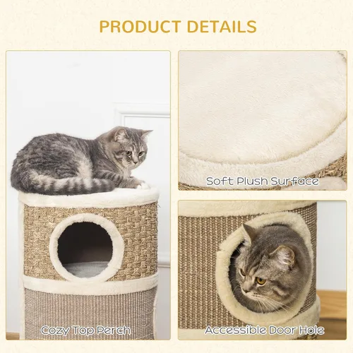 Vista 4 de PawHut Condominio para gatos de 28 pulgadas, escondite para gatos de 3 pisos con almohadilla de sisal, árbol pequeño en forma de barril para gatos