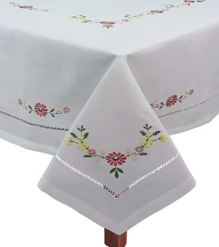 Vista 2 de Creative Linens Mantel rectangular bordado con flores de margarita 70 x 90 pulgadas, color blanco
