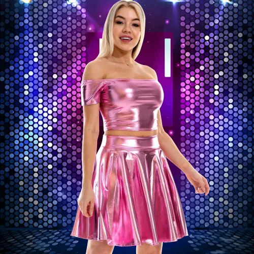 Vista 3 de Minifalda metálica brillante para mujer, diseño de discoteca de moda, acampanada, plisada y acampanada