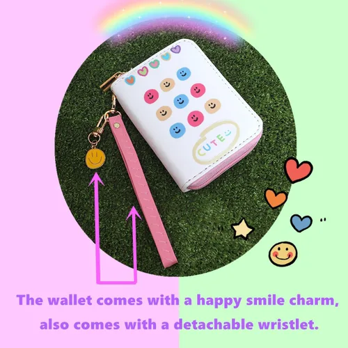 Vista 3 de Smile - Monedero con diseño de cara feliz, cartera pequeña para niñas, con dije, mini bolsas para monedas con correa, Cartera