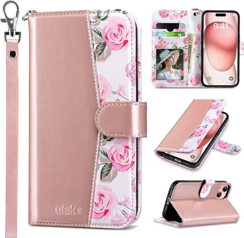 Vista 46 de ULAK Funda tipo billetera compatible con iPhone 15 para mujeres, funda tipo cartera con estampado floral de piel PU premium con porta tarjetas