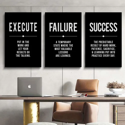 Vista 2 de Lienzo enmarcado para pared, cita de éxito, arte de pared de oficina, póster grande negro, juego de 3 impresiones motivacionales positivas