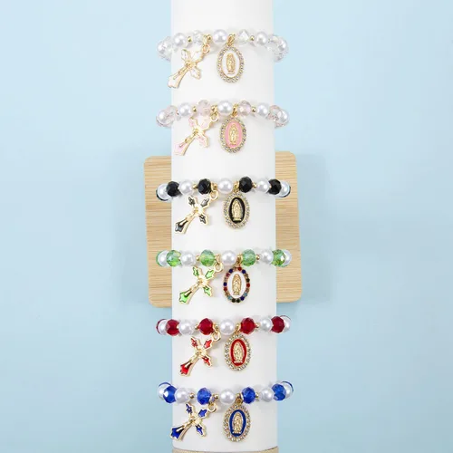 Vista 3 de Pulsera elástica de Virgen María con dije de cruz – Cristal de perlas multicolor con cuentas de joyería religiosa católica para mujer, regalo
