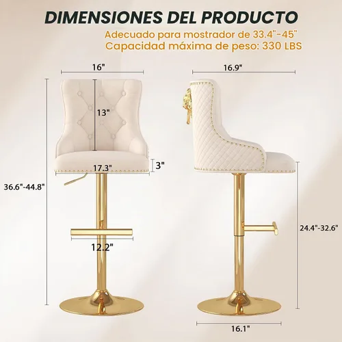 Vista 3 de Juego de 2 taburetes de bar de terciopelo, anillo de león trasero con patrón romboide para cocina
