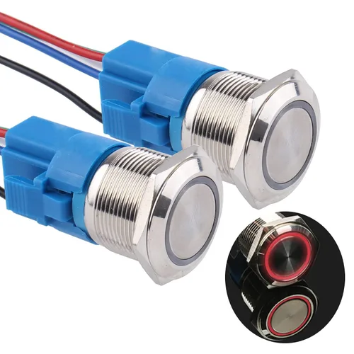 Vista 21 de Paquete de 2 interruptores de botón momentáneos de 0.63 pulgadas, 12 V-24 V, LED, impermeable, de metal, 1 NO 1 NC, con enchufe de cable