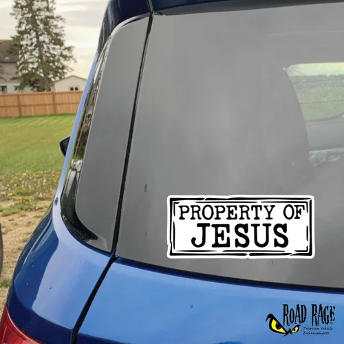 Vista 3 de Paquete de 3 calcomanías para automóvil con diseño de propiedad de Jesús, divertidas y bonitas, vinilo permanente brillante de alta calidad