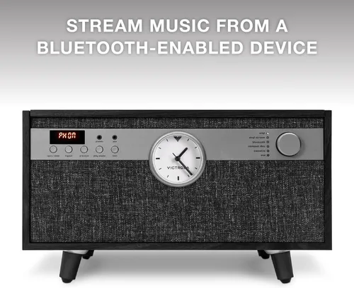 Vista 4 de Victrola Century Signature+ - Tocadiscos 6 en 1, color negro 6-in-1 plays vinyl, CD, cassette and aux, analog clock, 18" legs included