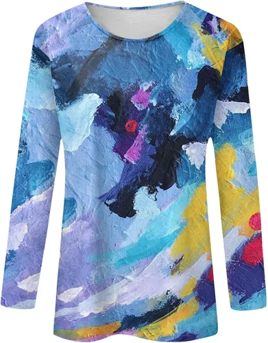 Vista 2 de Lindas camisas para mujer, cuello redondo, manga larga, informal, estampadas, para otoño