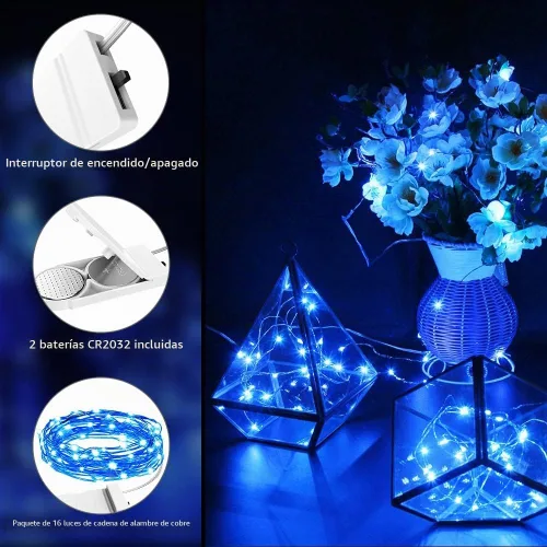 Vista 4 de Olafus Paquete de 16 luces de hadas azules que funcionan con pilas, mini tira de luces estrelladas impermeables IP68, 7 pies, 20 luces LED