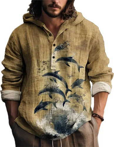 Vista 9 de MARSVOVO Camisa con capucha para hombre, vintage, retro, de 3 botones, manga larga, ligera, ligera, a la moda, casual, para uso diario, primavera