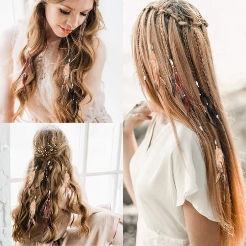 Vista 3 de Paquete de 6 extensiones de cabello hippie bohemio hechas a mano con clip de plumas, tocado de peine, accesorios de bricolaje para mujer