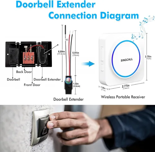 Vista 4 de SINGCALL Extensor de timbre inalámbrico para convertir con cable a inalámbrico para timbre con cable existente, receptor LED portátil, 32 campanas