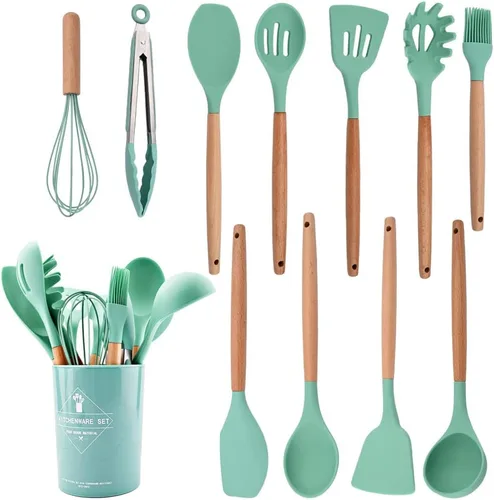 Vista 13 de Juego de utensilios de cocina de silicona negra con soporte de cubo de almacenamiento, mango de madera antiadherente, utensilios de cocina