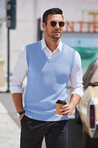 Vista 2 de COOFANDY Suéter sin mangas para hombre, chaleco con cuello en V, jersey de algodón sólido Azul claro
