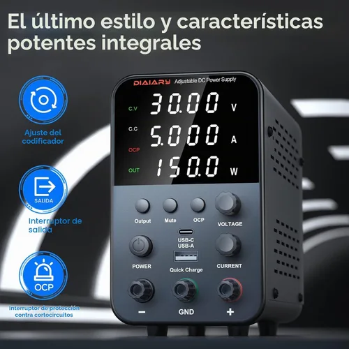 Vista 2 de Fuente de alimentación de CC variable, fuente de alimentación de banco de CC regulada de conmutación ajustable de 32 V 5 A con modo de carga